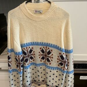 Cream and Blue Snowflake Pattern Sweater